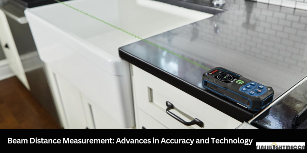 A laser distance measuring tool on a kitchen site, capturing accurate measurements between two points with a visible laser beam.