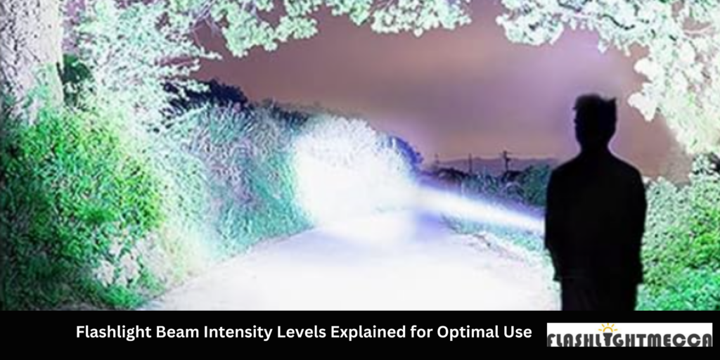 Chart illustrating different flashlight beam intensity levels measured in lumens, showing the relationship between brightness, beam distance, and typical usage scenarios.