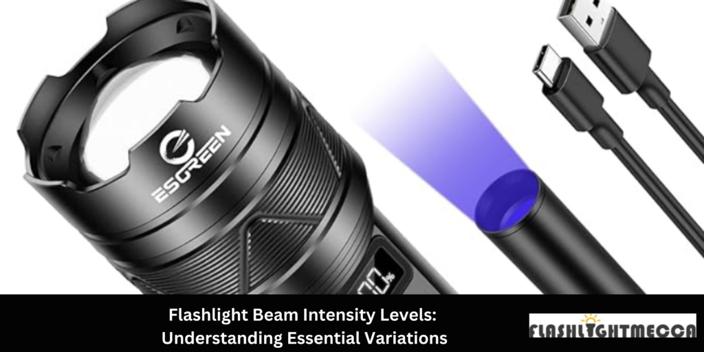 Illustration showing various flashlight beam intensity levels, highlighting factors like lumens, beam distance, and usage scenarios for different lighting needs.