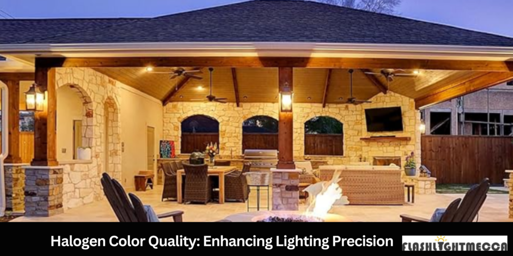 A nighttime photo of a house exterior beautifully illuminated by halogen lights, highlighting the architectural details and landscape features.