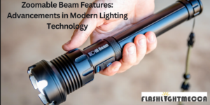 Zoomable-Beam-Features: A close-up image of a sleek, modern flashlight with adjustable focus, showcasing its durable design and versatility for various lighting needs.