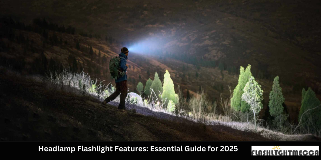 A person walking on a mountain trail at night with a headlamp casting a soft, focused light ahead.