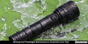 Waterproof flashlight maintenance – a durable LED flashlight with water droplets on its surface, highlighting its waterproof design and reliability in wet conditions.